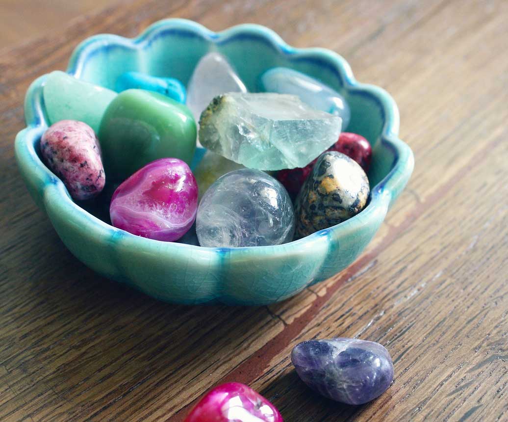 polished stones in dish