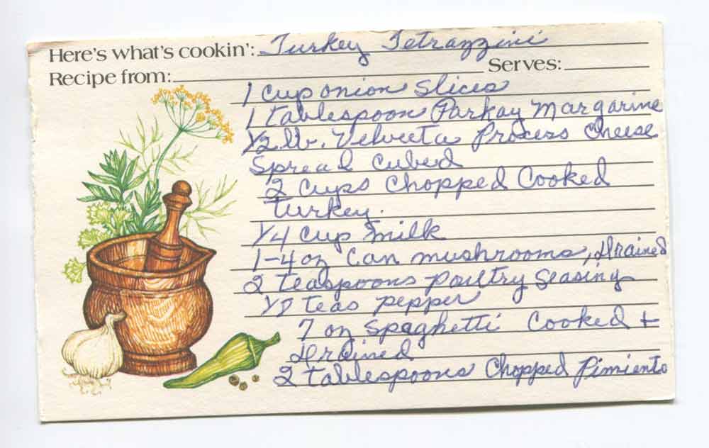 Turkey Tetrazzinni Recipe Card Front