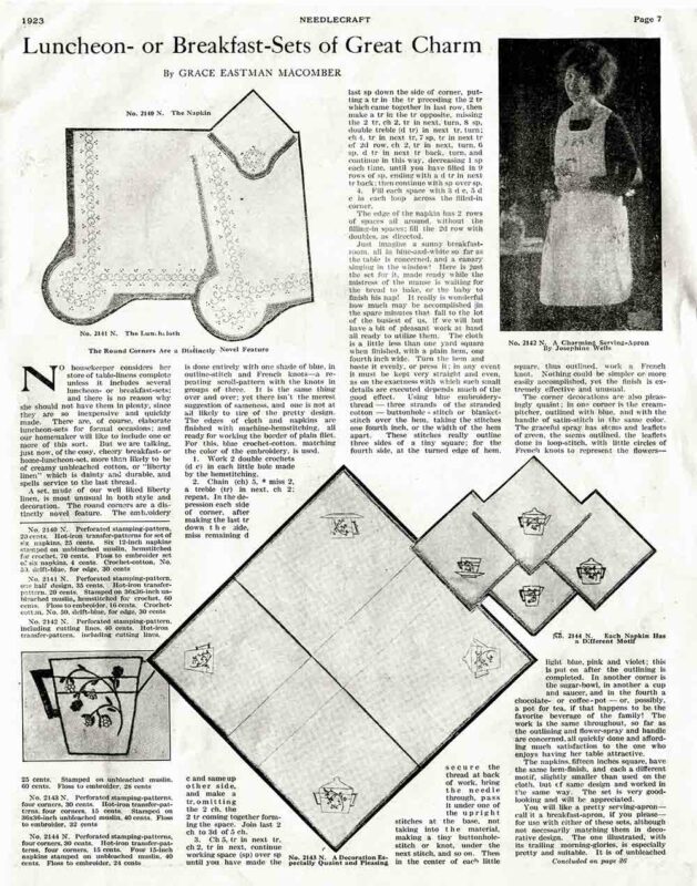 Luncheon Breakfast Sets Of Great Charm Grace Eastmen Macomber 1923 Feb Needlecraft Article Webres