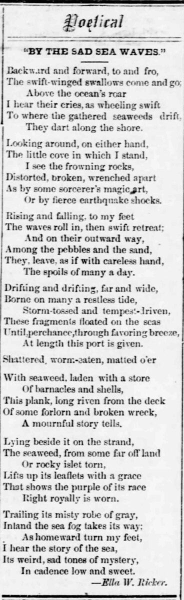 The Sad Sea Waves Ella W Ricker Findlay Jeffersonian 1878 Poem