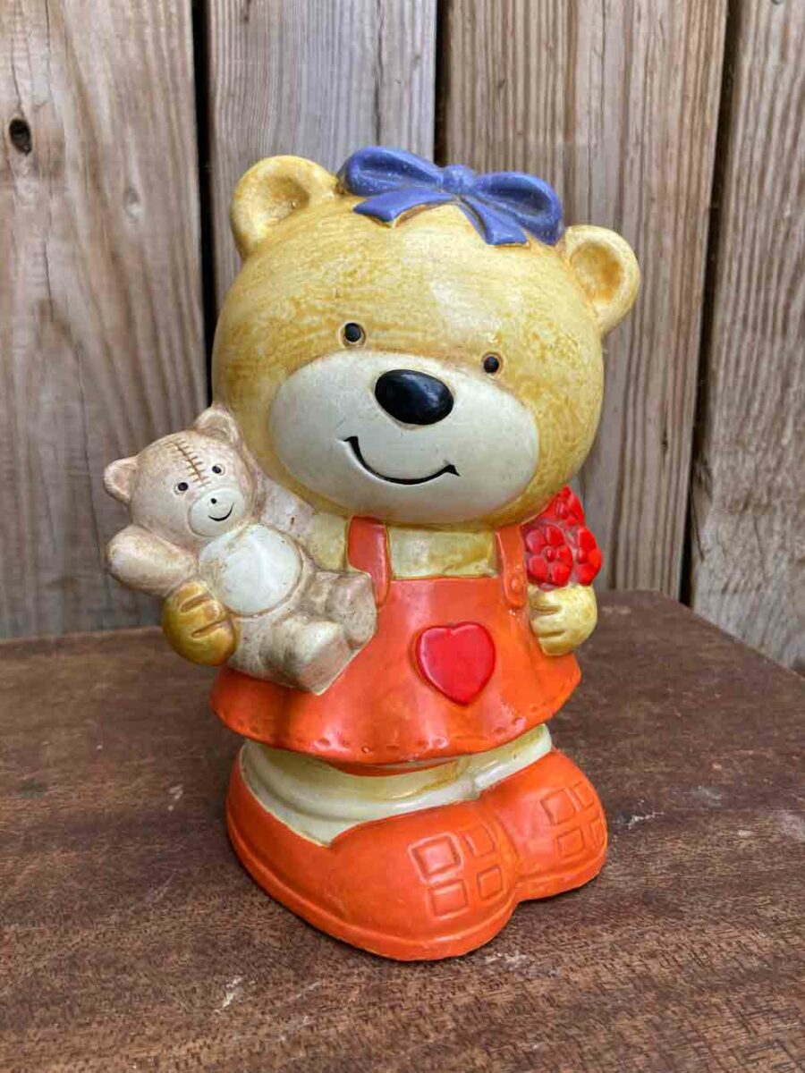 Chelles Bear Coin Bank Orange Dress Purple Bow 1981 Webres